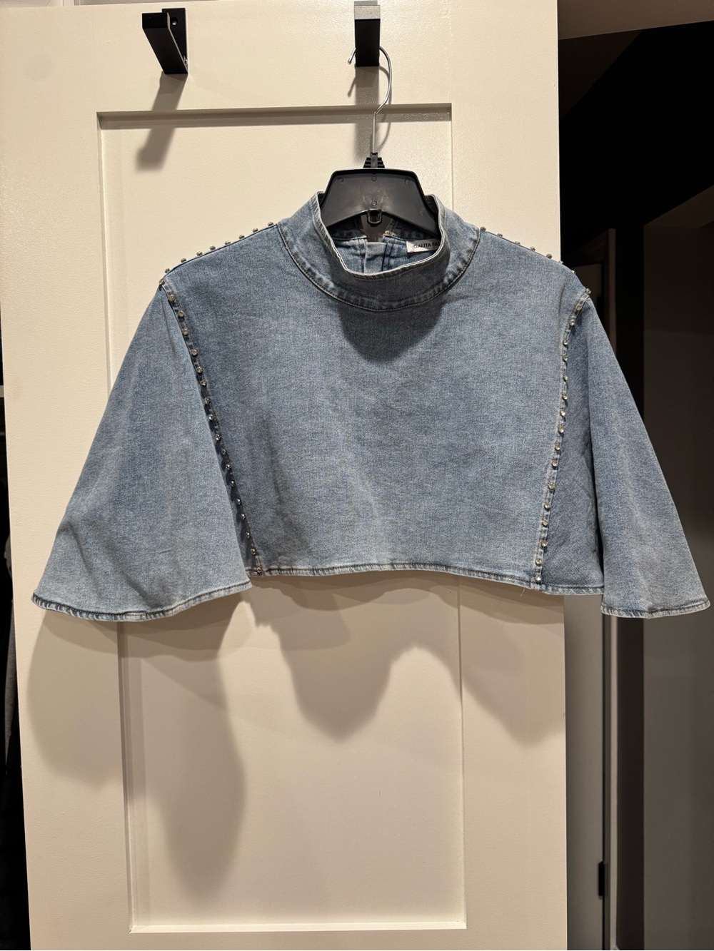 Denim Crop Mock-Neck Cape Top in Light Blue NWT